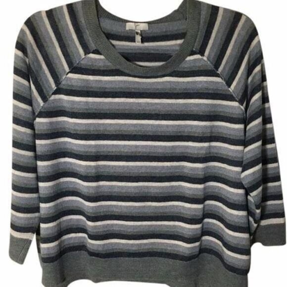 Joie Linen Muted Grey Teal Cream Striped Raglan Sleeve Sweater L - Picture 1 of 5
